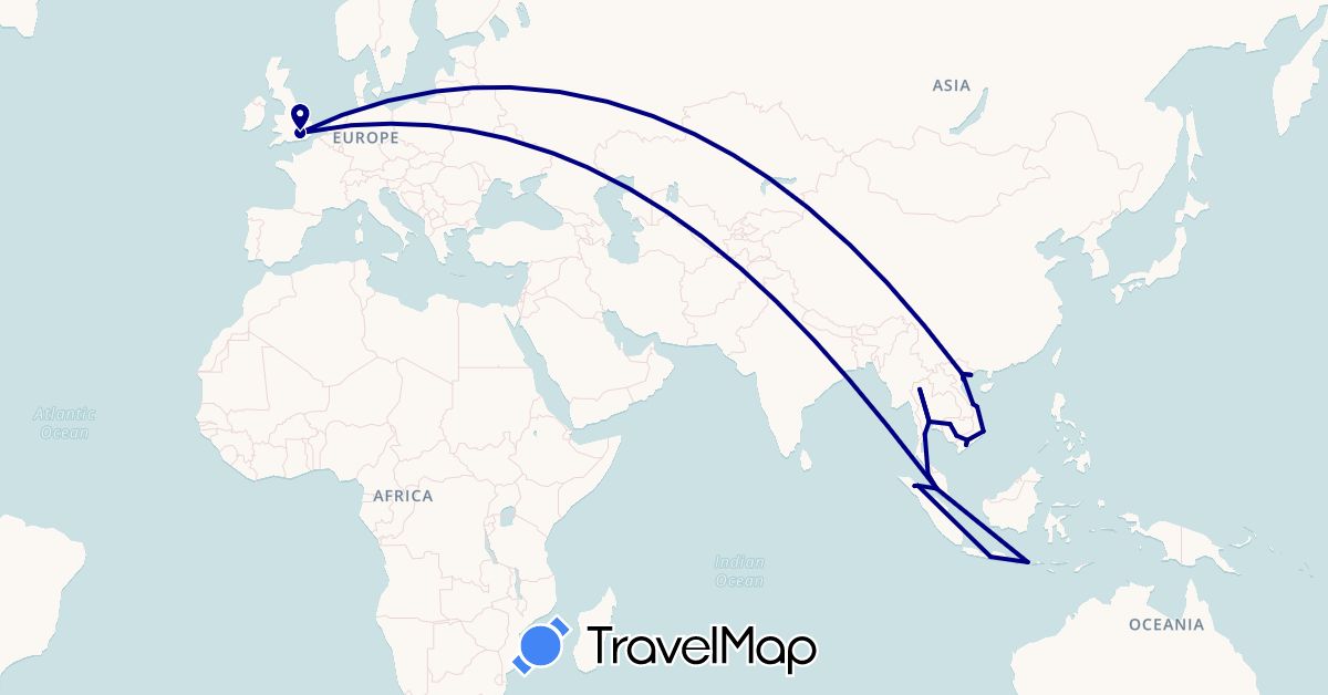 TravelMap itinerary: driving in United Kingdom, Indonesia, Cambodia, Malaysia, Thailand, Vietnam (Asia, Europe)